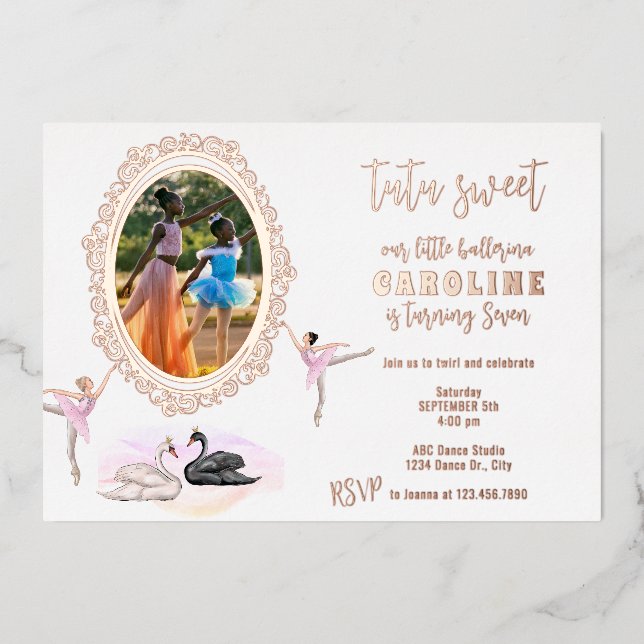 Tutu Sweet Ballerina Ballet Swans Birthday Party Foil Invitation (Front)