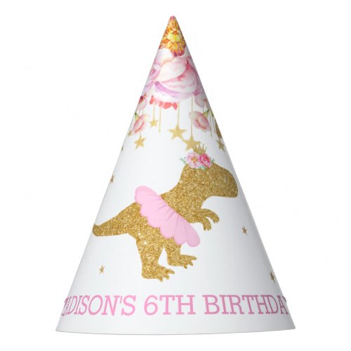 Tutu T_Rex Dinosaur Pink Floral Gold Birthday Party Hat