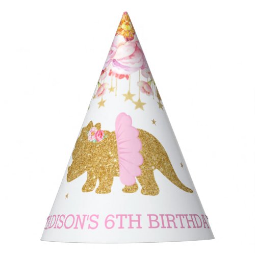 Tutu Triceratop Dinosaur Pink Floral Gold Birthday Party Hat