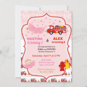 Tutus and firetrucks siblings birthday invite. invitation