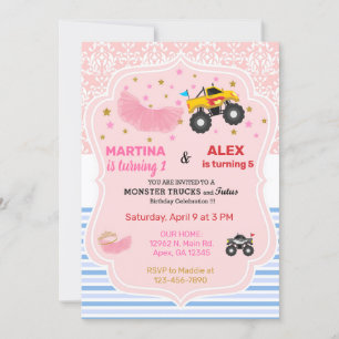 Tutus and monster trucks siblings birthday invite. invitation