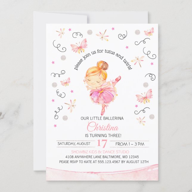 Tutu's and Twirls Ballerina Birthday Invitation (Front)