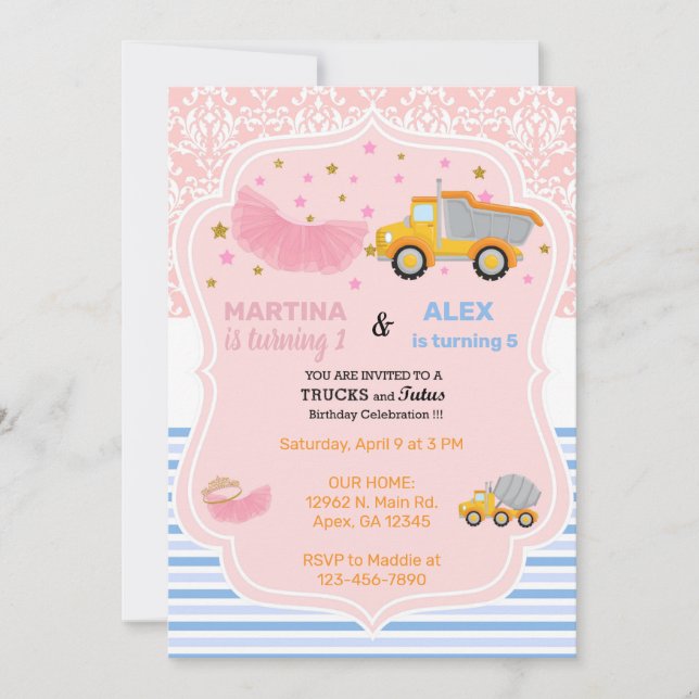 Tutus & construction trucks siblings birthday. invitation (Front)