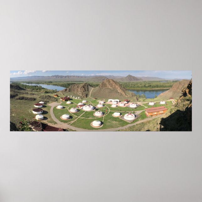 Tuva, Aldyn Bulak, yurts and mountains poster (Front)