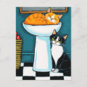 Tux and Tabby Cats in Bathroom Sink Illustration Postcard