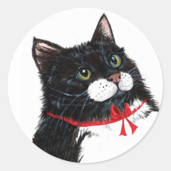 Tux Christmas Cat Classic Round Sticker by glorykmurphy at Zazzle