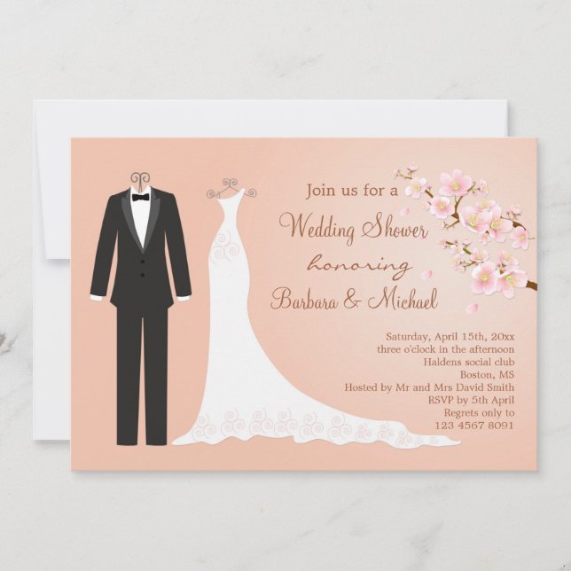 Tux & Gown, cherry blossom Couple's Bridal Shower Invitation (Front)