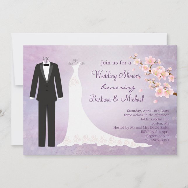 Tux & Gown, cherry blossom Couple's Bridal Shower Invitation (Front)