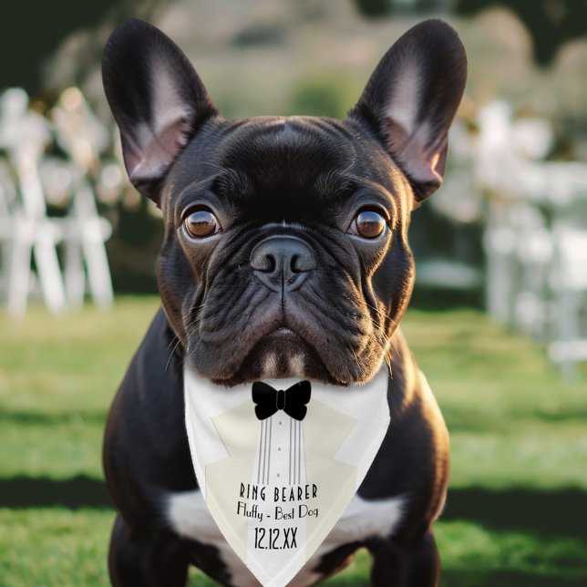 Tuxedo 1920s Wedding Ring Bearer Best Dog White Pet Bandana Collar (Suitable for the most important member of your wedding party - The Wedding Dog! Just add their name)