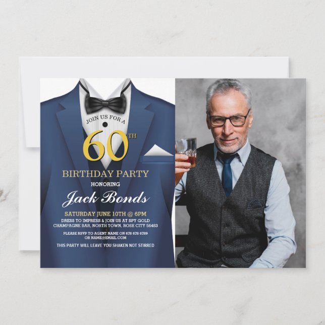 Tuxedo 60th Birthday Photo Suit Navy tie Gold Invitation (Front)