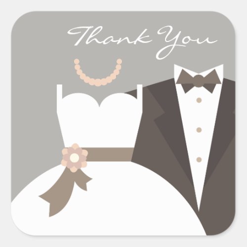 Tuxedo and gown wedding thank you square sticker