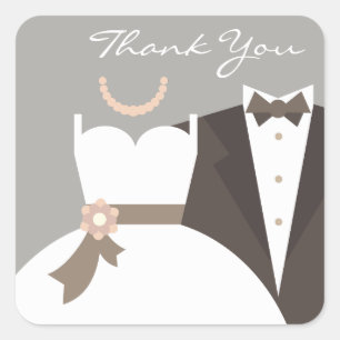 Tuxedo and gown wedding thank you square sticker