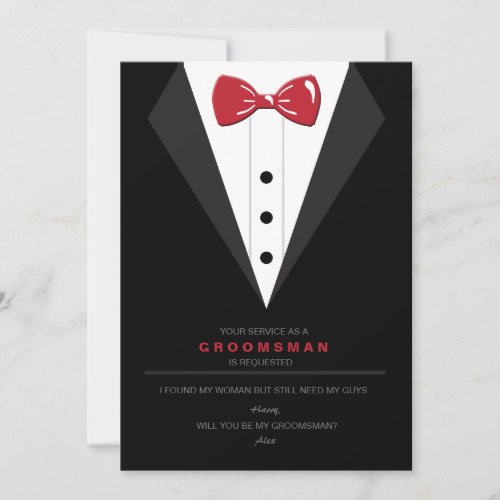 Tuxedo and Red Bow Tie Groomsman Request Card