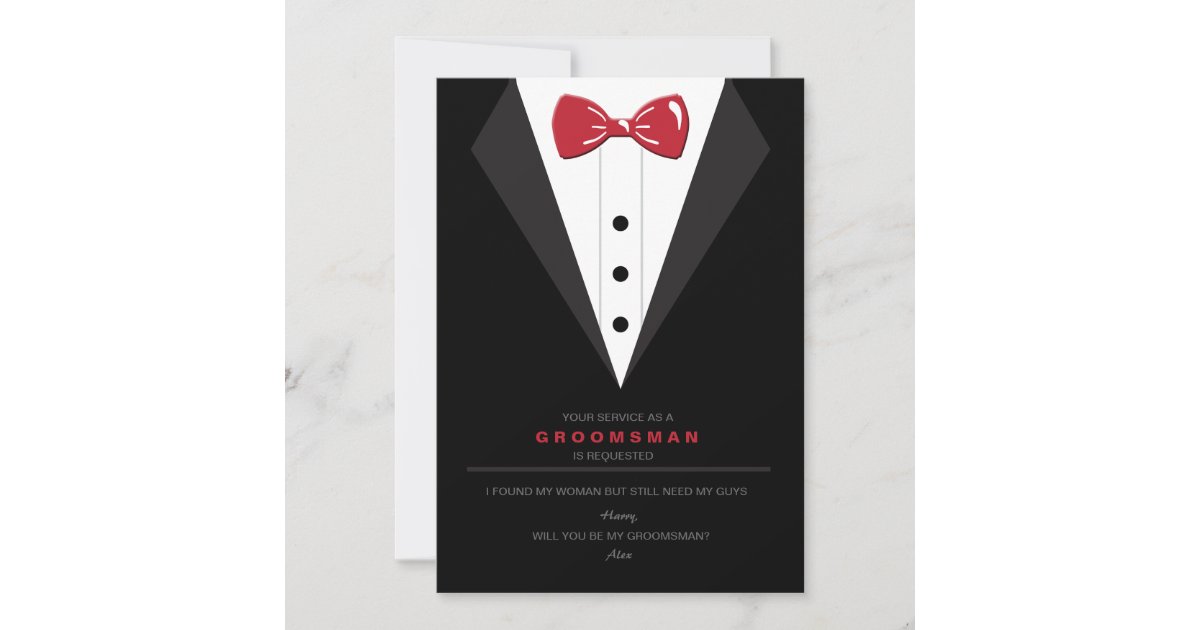 Personalised BestMan Tuxedo and Bowtie Wedding Card Groomsman Pageboy Invitation