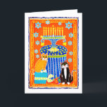 Tuxedo and Tabby Cat Celebrate Hanukkah  Holiday Card<br><div class="desc">A black and white tuxedo cat and an orange tabby cat celebrate Hanukkah with a menorah,  dreidel,  and Hanukkah gelt. Blank inside waiting for your special message!</div>