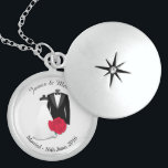Tuxedo and Wedding Dress Personalised Locket Necklace<br><div class="desc">Elegant tuxedo and wedding dress design with red rose. Stunning sterling silver locket to personalize with your own text for a unique keepsake.</div>