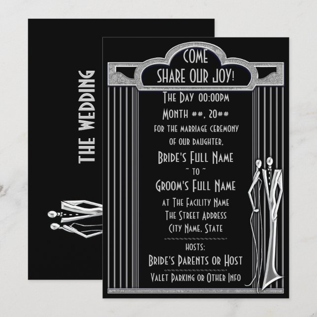 Tuxedo - Art Deco - Black and Silver Invitation (Front/Back)