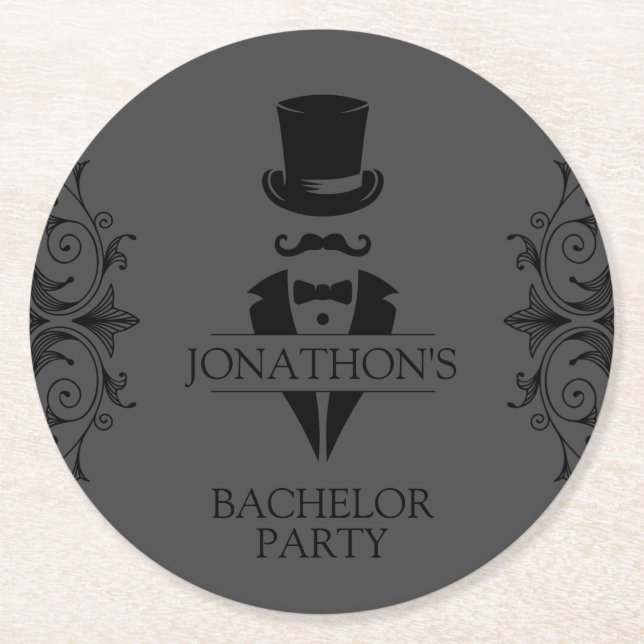 Tuxedo Bachelor Party Gray Round Paper Coaster (Front)