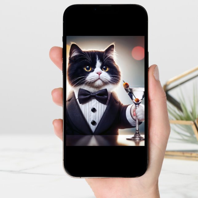 Tuxedo Birthday Cat With Martini Cocktail Card (Front Digital)