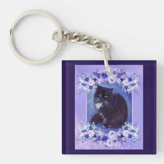 Tuxedo black and white cat art by Renee Lavoie  Keychain