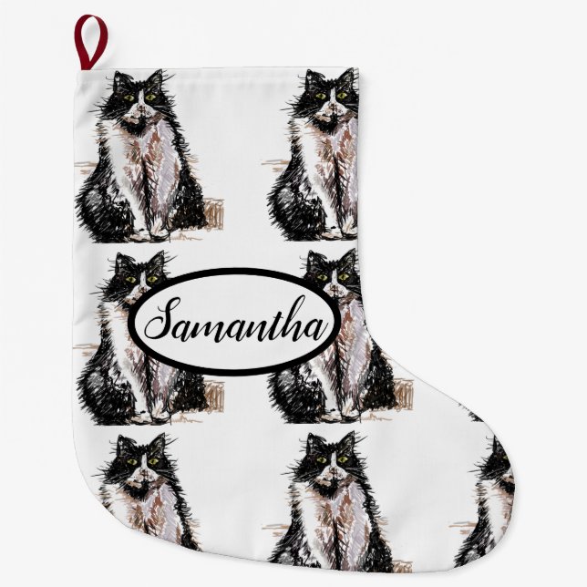Tuxedo Black and White Cat Cats Christmas Stocking (Front)