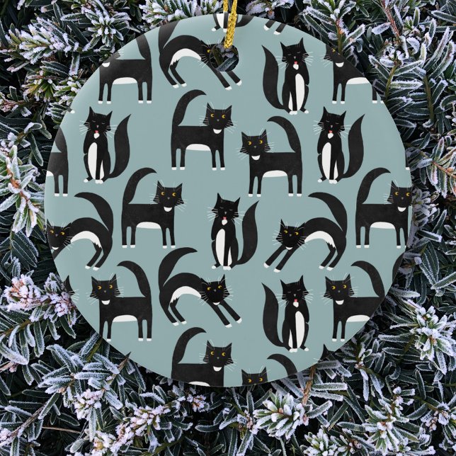 Tuxedo Black and White Cats Ceramic Ornament (Black and white tuxedo cat pattern fun ceramic Christmas ornament)