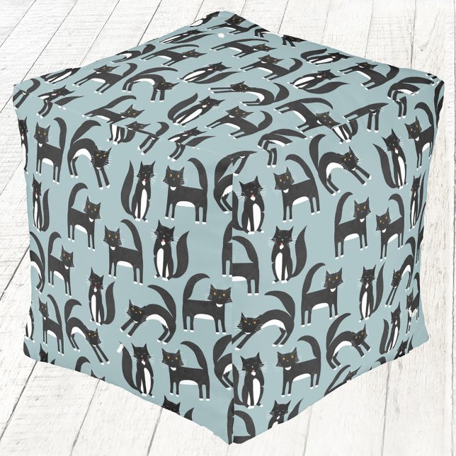 Tuxedo Black and White Cats Pouf (Black and white tuxedo cat pattern square pouf)