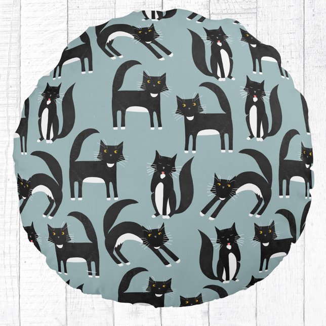 Tuxedo Black and White Cats Round Pillow (Black and white tuxedo cat pillow)