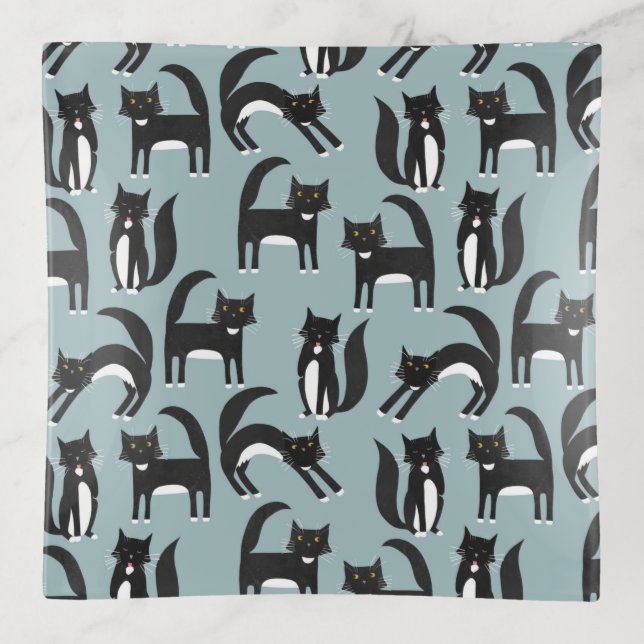 Tuxedo Black and White Cats Trinket Tray (Front)