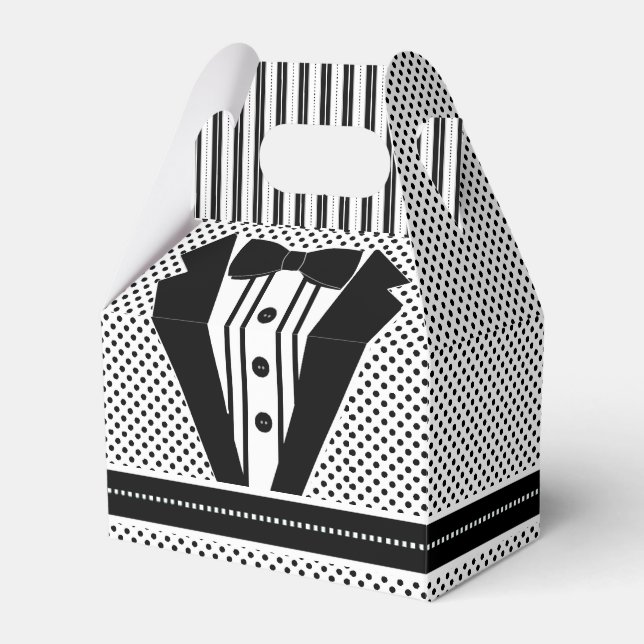 Tuxedo Black and White Dots Wedding Favor Boxes (Front Side)