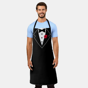 Tuxedo Black and White with Red Flower in Lapel Apron