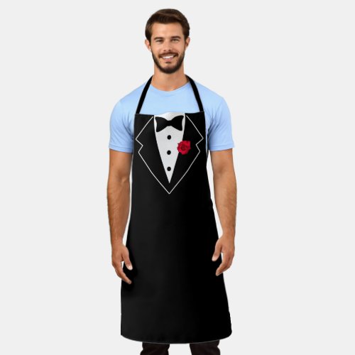 Tuxedo Black and White with Red Flower in Lapel Apron