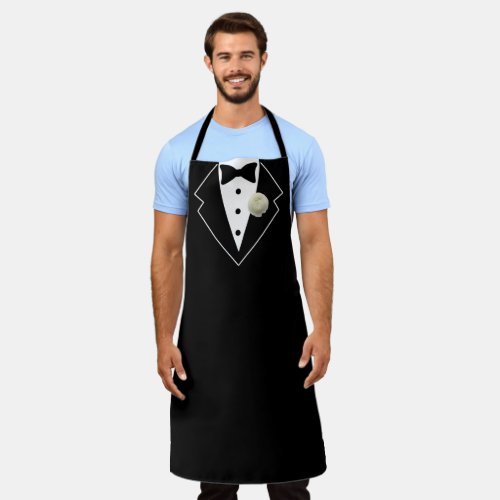 Tuxedo Black and White with White Flower in Lapel Apron