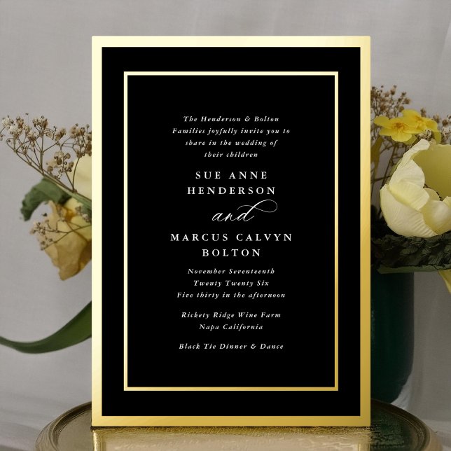 Tuxedo Black Calligraphy Gold Frame Wedding Foil Invitation (Creator Uploaded)