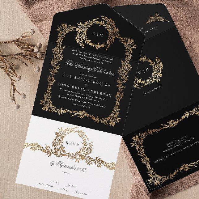 Tuxedo Black Gold Botanical Wreath Classic Wedding All In One Invitation (Creator Uploaded)