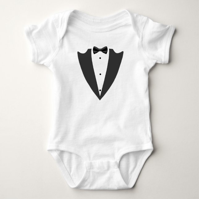 Tuxedo black lapels and bow tie and white T-Shirt Baby Bodysuit (Front)