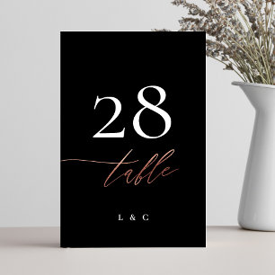 Tuxedo Black Rose Gold Calligraphy Modern Wedding Table Number