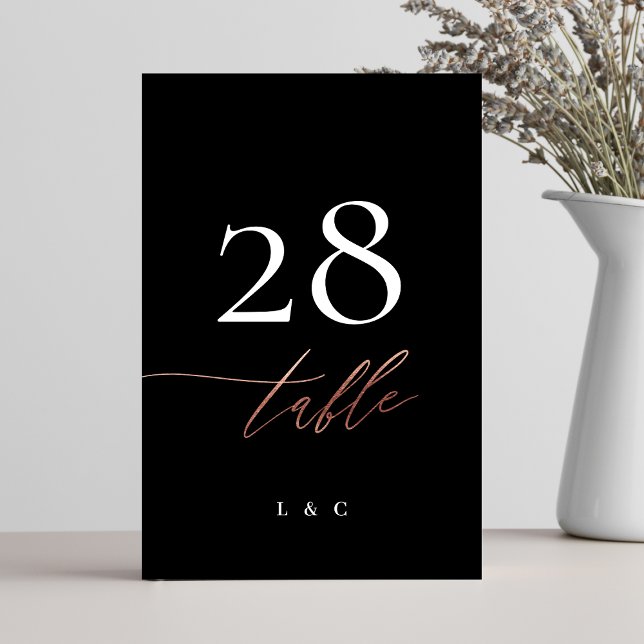 Tuxedo Black Rose Gold Calligraphy Modern Wedding Table Number (Creator Uploaded)