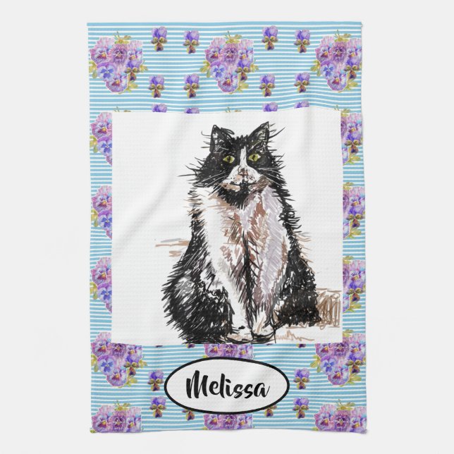 Tuxedo Black White Cat art Floral Ladies Name   Kitchen Towel (Vertical)