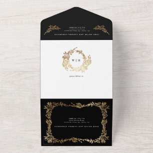 Tuxedo Black White Gold Botanical Classic Wedding All In One Invitation