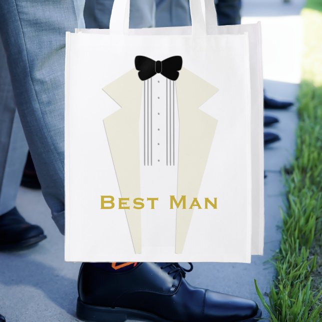 Tuxedo Bow Tie Best Man 1920s Wedding Favor Grocery Bag (Perfect wedding favor for your Best Man. You can add his name or keep the Best Man text)