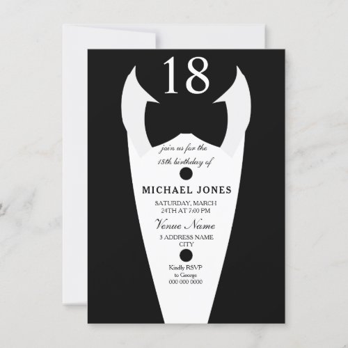 Tuxedo Bow Tie Mens 18th Birthday Party Invite