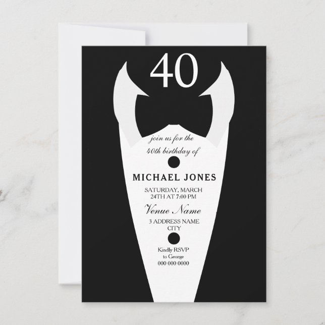 Tuxedo Bow Tie Mens 40th Birthday Party Invite (Front)