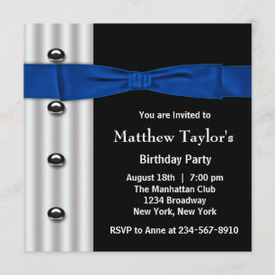 Tuxedo Bow Tie Mens Blue Black Birthday Party Invitation