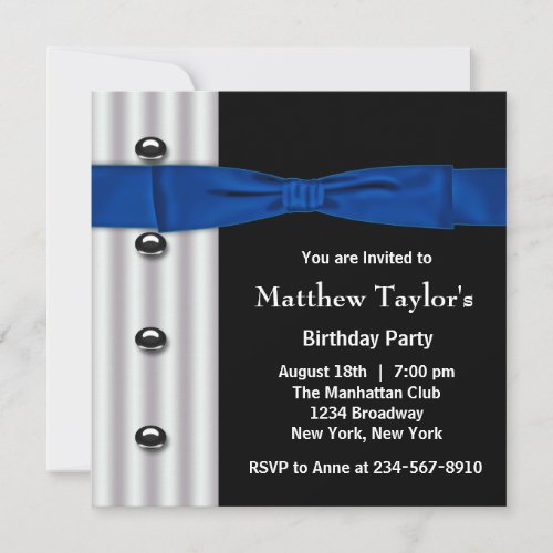 Tuxedo Bow Tie Mens Blue Black Birthday Party Invitation