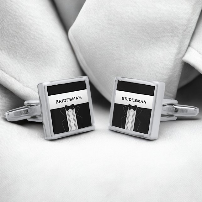 Tuxedo Bridesman Bridal Party Groomsman Cufflinks (Tuxedo Wedding Square Silver Plated Cufflinks with space for your Bridesman's name)
