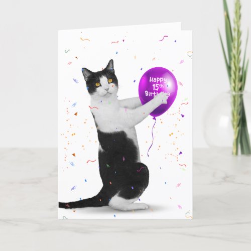 Tuxedo Cat 15th Birthday Balloon Card