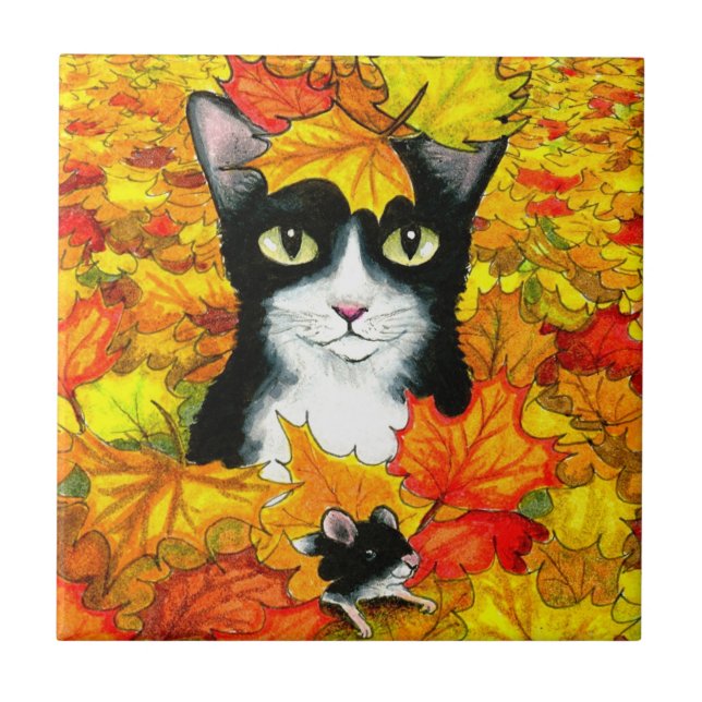 Tuxedo cat 447 fall autumn ceramic tile (Front)