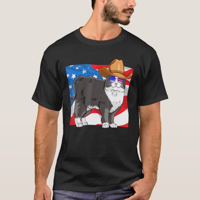 Tuxedo Cat 4th Of July Patriotic American Flag T-Shirt (Front)