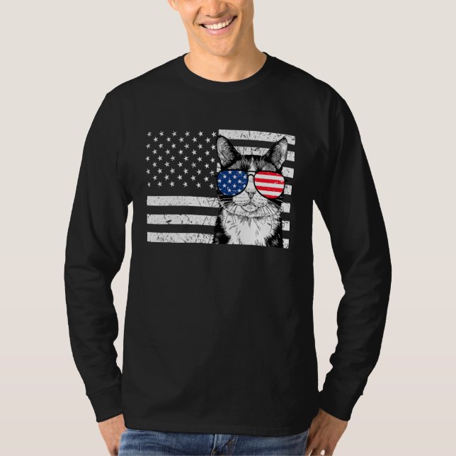 Tuxedo Cat 4th of July US American Flag Patriotic T-Shirt (Front)